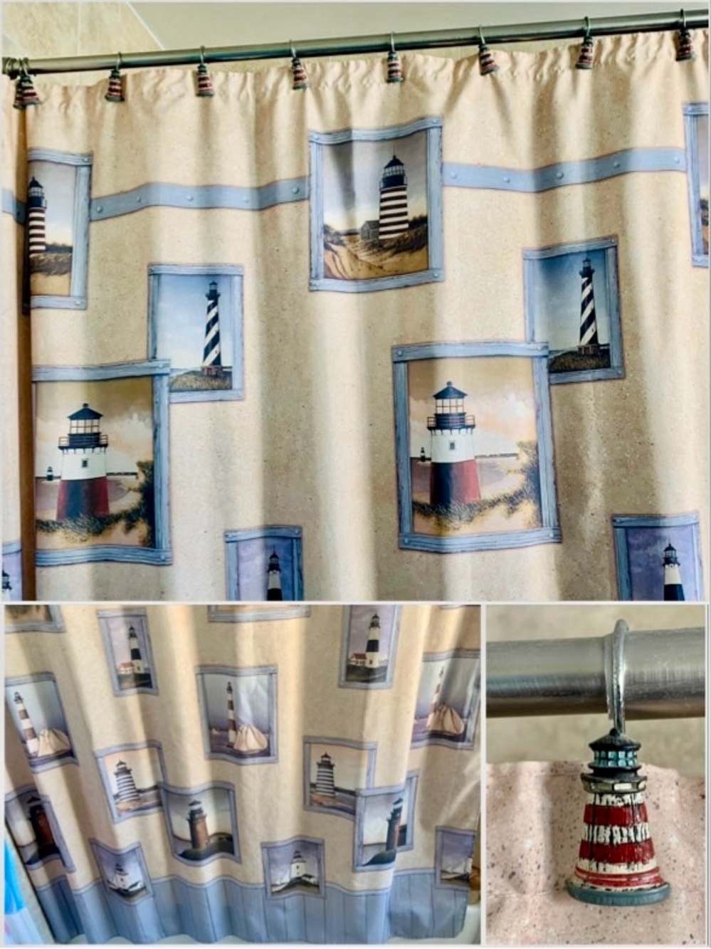 Lighthouse Nautical Shower Curtain & Lighthouse Hooks / Ornaments Bathroom Decor